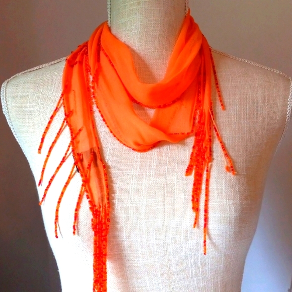 2 SILK Skinny Scarfs in Beaded Tassels in Orange & Green Silk Chiffon - Picture 2 of 8